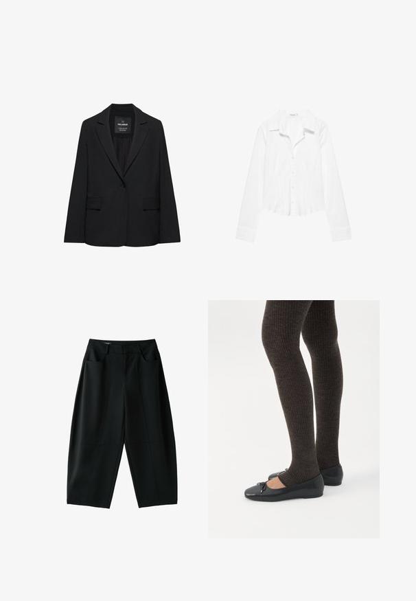 Blazer noir sur mesure avec fermeture à un bouton, revers crantés et poches à rabat, étiquette Pull&Bear, présenté sur fond blanc.; Chemise blanche à manches longues avec col, taille légèrement cintrée et poignets boutonnés, présentée sur fond blanc.; Pantalon noir ample coupé au-dessus de la cheville avec poches avant et passants pour ceinture, présenté à plat sur fond blanc.; Jambes portant des leggings côtelés foncés associés à des ballerines noires avec de petits détails en nœud sur fond blanc.
