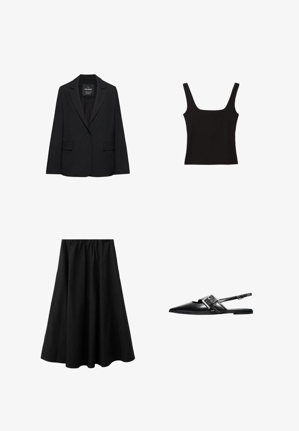 Blazer noir sur mesure avec fermeture à un bouton, revers crantés et poches à rabat, étiquette Pull&Bear, présenté sur fond blanc.; Top noir sans manches avec un décolleté carré, fabriqué en coton lisse, doté de bretelles épaisses et d'une silhouette ajustée.; Jupe midi noire avec taille élastique et légère évasement, en tissu lisse adaptée pour un usage décontracté ou formel.; Chaussure plate à bout pointu en cuir noir avec une large bride à boucle et une fine bride de cheville réglable.