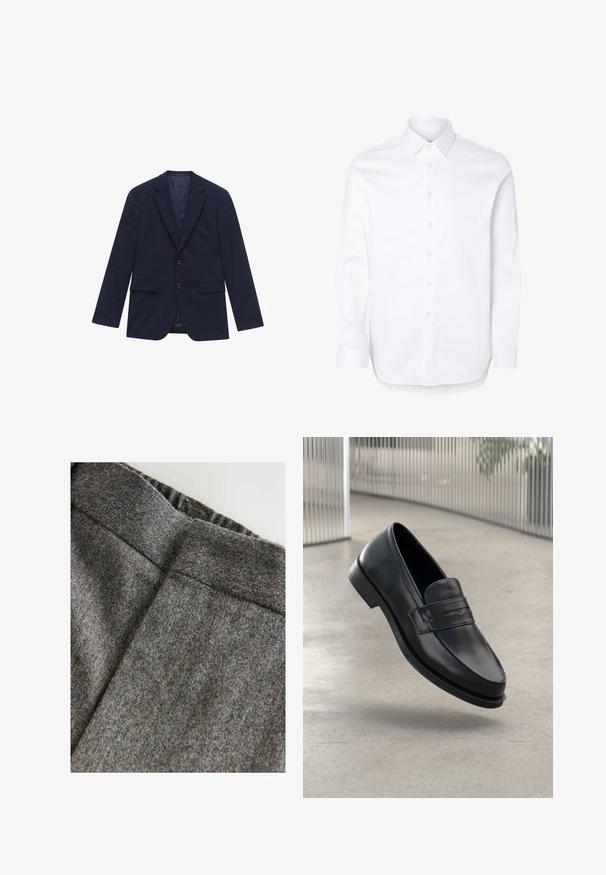 Blazer homme bleu marine à revers crantés, deux boutons, poches à rabat et doublure satinée lisse, présenté à plat sur fond blanc.; Chemise blanche à manches longues avec col classique et poignets boutonnés.; Pantalon en laine grise mélangée avec une texture lisse, doté d'une taille large et d'une coupe propre et classique. Subtiles nuances de couleur présentes.; Mocassin en cuir noir à texture lisse, bout pointu et bande décorative sur le cou-de-pied. Semelle légère, design minimaliste.