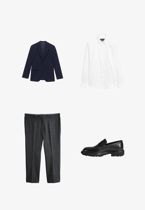 Blazer homme bleu marine à revers crantés, deux boutons, poches à rabat et doublure satinée lisse, présenté à plat sur fond blanc.; Chemise blanche avec un col boutonné, des manches longues et une patte de boutonnage à l'avant. Le tissu semble lisse avec un léger éclat.; Pantalon de costume formel gris foncé avec fermeture à bouton et fermeture éclair à l'avant, passants pour ceinture et poches latérales, présenté à plat sur un fond blanc.; Mocassins en cuir noir avec un bout rond, une tige texturée et une semelle en caoutchouc à crampons. Présente une sangle décorative sur le dessus.