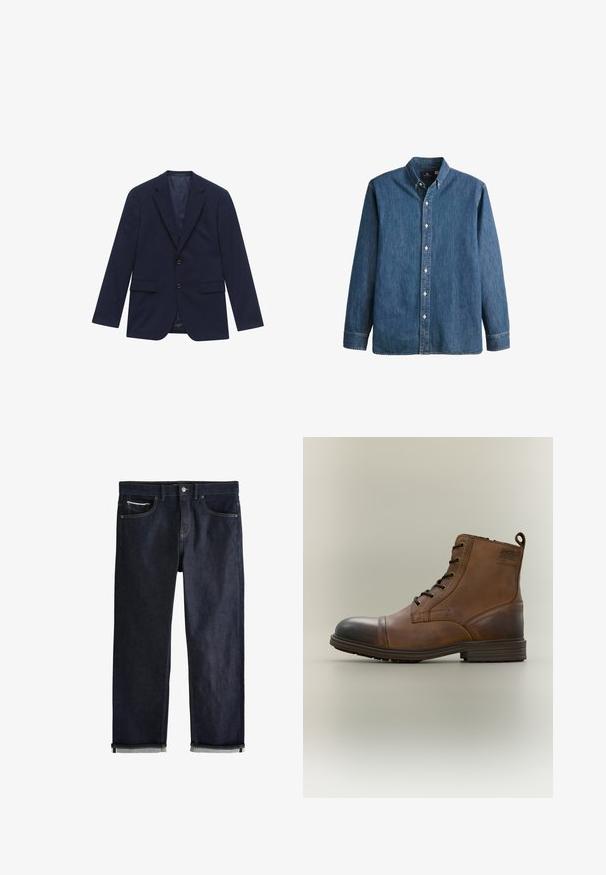 Blazer homme bleu marine à revers crantés, deux boutons, poches à rabat et doublure satinée lisse, présenté à plat sur fond blanc.; Chemise en denim bleu moyen à boutons, avec des manches longues, un col pointu, des boutons blancs et une coupe cintrée agrémentée d'une broderie de logo discrète.; Jean en denim bleu foncé avec une coupe droite classique, doté de cinq poches, d'une fermeture à bouton, et de revers roulés mettant en valeur une doublure bleu clair.; Botte cheville en cuir marron à lacets avec bout noir, semelle ronde et détail de marque sur le côté sur fond uni.
