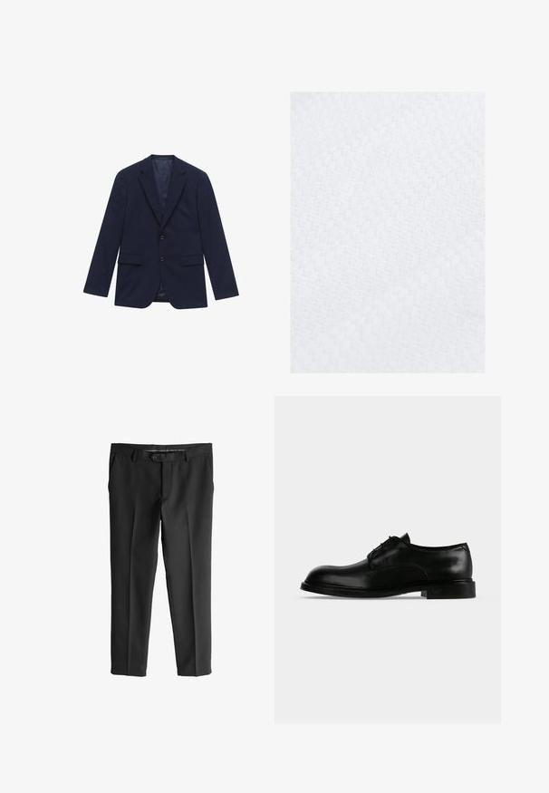 Blazer homme bleu marine à revers crantés, deux boutons, poches à rabat et doublure satinée lisse, présenté à plat sur fond blanc.; Gros plan d’un tissu blanc avec un motif texturé en forme de gaufre et des lignes diagonales créant un design géométrique subtil.; Next SKINNY FIT TEXTURED - Pantalon de costume - black; Chaussure habillée pour homme en cuir noir poli à lacets, avec un petit talon et un bout simple, présentée en profil sur fond blanc.