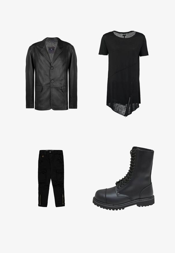 Blazer en cuir noir avec un col cranté, deux boutons et deux poches avant. Texture lisse avec des détails de couture subtils.; T-shirt noir à manches courtes avec un col rond, ourlet asymétrique, texture transparente et un détail de zipper sur le côté. Tissu doux et léger.; Pantalons cargo noirs en coton, dotés de poches latérales, de zippers aux chevilles et d'une coupe classique.; Botte de combat en cuir noir avec un haut tige, fermeture lacée à l'avant, col rembourré et semelle texturée robuste pour une meilleure adhérence. Dotée d'un capuchon de protection renforcé.