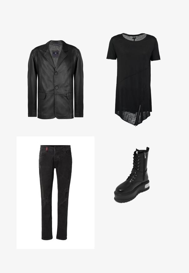 Blazer en cuir noir avec un col cranté, deux boutons et deux poches avant. Texture lisse avec des détails de couture subtils.; T-shirt noir à manches courtes avec un col rond, ourlet asymétrique, texture transparente et un détail de zipper sur le côté. Tissu doux et léger.; Jean slim noir avec des zones usées sur l'avant des cuisses et des genoux, doté de poches avant et de passants pour ceinture.; Bottes de combat en cuir synthétique noir avec une plateforme épaisse, présentant un laçage à l'avant, une fermeture éclair et un accent métallique sur le talon.