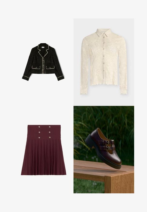 Blazer court en tweed noir avec bord blanc, col à revers, fermeture à boutons et deux poches avant à rabat.; Blouse en dentelle à manches longues de couleur crème avec bords festonnés, boutons sur le devant et col classique, présentant un motif floral en dentelle sur l'ensemble.; Jupe plissée bordeaux avec six boutons en métal argenté à la taille, fabriquée à partir d'un tissu texturé, présentant une forme structurée en A.; Chaussure en cuir marron foncé avec double boucle, détails perforés et semelle noire épaisse, suspendue au-dessus d'une table en bois à l'extérieur.