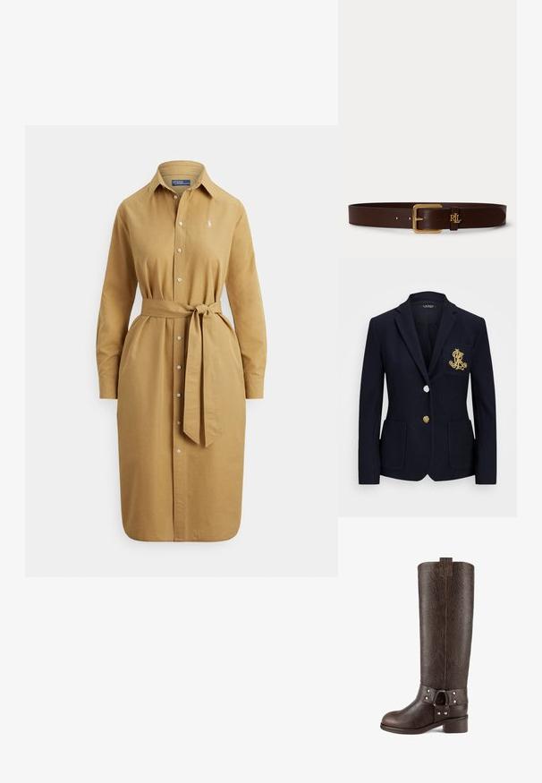 Tumesinern blazer tekstuuriga kangast, kuldsete detailidega, ühe nööbi sulgemise ja rinnaesise taskuga, millel on tikandiga logo.; Pikad varrukad kaamelivärvi särk-kleit ees nupud, vöökohal sõlmitav vöö, krae ja väike tikitud logo rinnal.; Pruun nahast põlvekõrgune saabas, millel on tekstureeritud pind, ümar varvas, madal blokk-kand ja dekoratiivne riba metallaktsentidega.; Tumepruun nahkvöö kuldse ristkülikukujulise pandla ja väikese kulla "RL" logoga pandla lähedal ühtlasel heledal taustal.