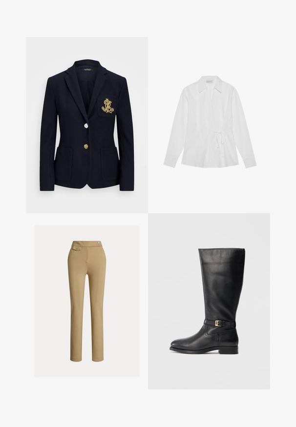 Marineblazer med struktureret stof, guldfarvet hardware, en enkelt knaplukning og en brystlomme med et broderet logo.; Hvid langærmet skjorte med omslag design, der har en bindebånd i taljen, spids krave og glat tekstur. Rene linjer hele vejen igennem.; Beige slim-fit kvindebukser med høj talje, to knapper i siden og en lille lomme med knap nær taljebåndet.; Sorte læder knæhøje støvler med en glat tekstur, lille guldbeslag detalje, rund tå og en lav stabelhæl. Enkel, strømlinet design.