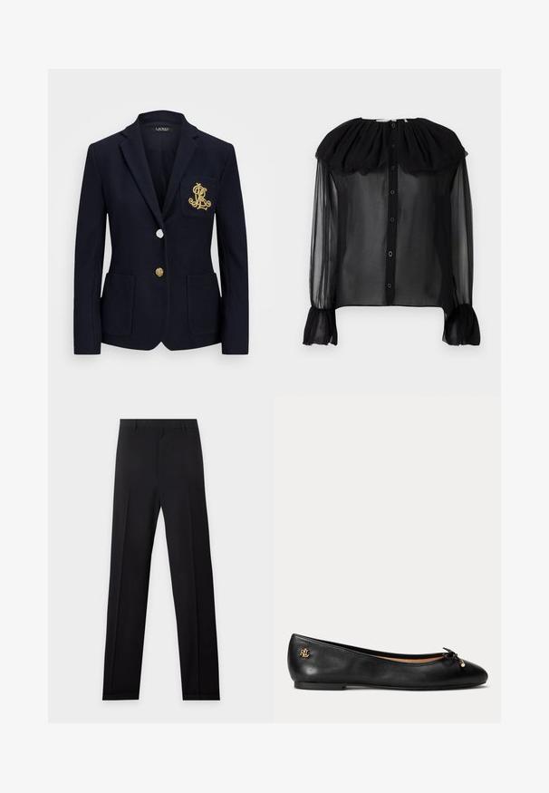 Tumesinern blazer tekstuuriga kangast, kuldsete detailidega, ühe nööbi sulgemise ja rinnaesise taskuga, millel on tikandiga logo.; Must läbipaistev pluus volangikaeluse, nööpidega esiosa, pikkade varrukate ja kogutud mansettidega. Kerge kangas pehme tekstuuriga.; Mustad kohandatud formaalsed püksid vöökanduritega, sirgete sääreosade ja ees tehtud pressitud voldikutega heledal hallil taustal.; Mustast nahast baleriin kingad väikese paela ja kuldse logoga kanna peal, lame tallaga ja ümarate varvastestikuga.