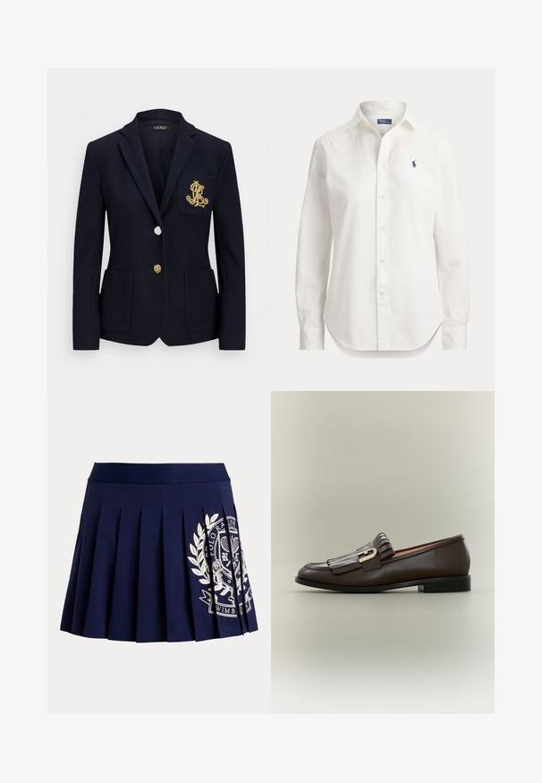 Marineblazer med struktureret stof, guldfarvet hardware, en enkelt knaplukning og en brystlomme med et broderet logo.; Hvid langærmet skjorte med knapper, krave og lille blåt logo af en polospiller på venstre bryst.; Marineblå plisseret nederdel med bred linning og hvid tennisinspireret logo på nederste højre side.; Mørkebrune læderloafer med frynsedetalje og guldbeslag på en neutral baggrund, sidevisning.