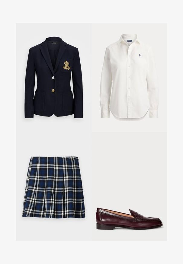 Marineblazer van een gestructureerde stof, met gouden hardware, een enkele knoopsluiting en een borstzak met een geborduurd logo.; Witte blouse met lange mouwen, knopen, kraag en klein blauw logo van een polospeler op de linkerborst.; Geruite mini-jurk in marineblauw, zwart en wit. Beschikt over plooien en een gladde textuur. Ritsluiting aan de zijkant.; Bordeaux leren loafers met een gladde afwerking, ronde neus, decoratieve stiksels en een lage hak. Het interieur heeft een zachte beige voering.