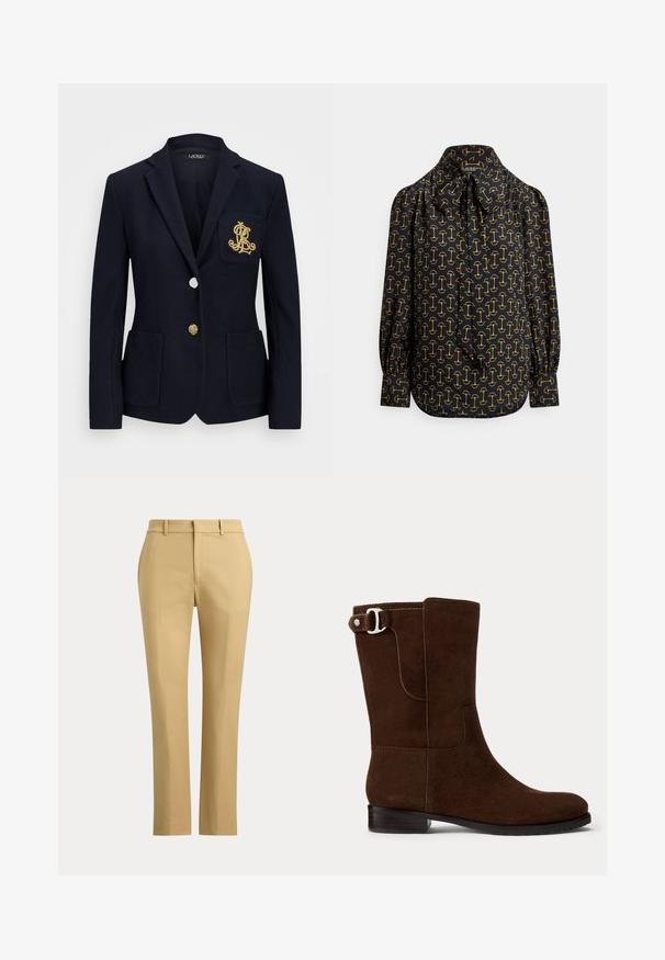 Marineblazer med struktureret stof, guldfarvet hardware, en enkelt knaplukning og en brystlomme med et broderet logo.; Sort bluse med en delikat sløjfeakkolade. Har et gennemgående gyldent grafisk mønster, rynkede ærmer og en skræddersyet pasform.; Beige bukser med lige ben, bæltestropper, foran lynlås og skræddersyede folder på en ensfarvet lys baggrund.; Brune suede ankelstøvle med rund tå, lav blokhæl og sølv metalspændeaccent på siden. Glat tekstur, enkelt design.