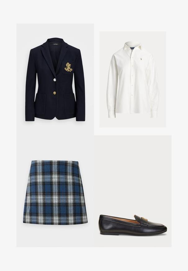 Tumesinern blazer tekstuuriga kangast, kuldsete detailidega, ühe nööbi sulgemise ja rinnaesise taskuga, millel on tikandiga logo.; Valge pikkade varrukatega nööbitav särk kraega ja väikese tikitud logoga vasakul rinnal.; Sinine ruuduline seelik, millel on mitmekesine kontrollmustrit sinise, musta ja valge värviga. Valmistatud tekstuurilisest kangast, millel on vormiv siluett.; Lauren Ralph Lauren AVERI III BURNISHED LEATHER LOAFER - Jalga libistatavad jalanõud - black