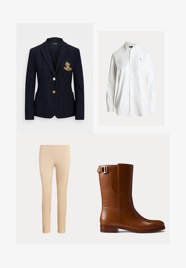 Marineblazer van een gestructureerde stof, met gouden hardware, een enkele knoopsluiting en een borstzak met een geborduurd logo.; Wit overhemd met lange mouwen, knoopsluiting, button-down kraag en klein geborduurd polo spelerlogo op de linkerborst.; Beige slim-fit enkellange broek met een gladde afwerking en zonder zichtbare zakken of versieringen op een effen achtergrond.; Bruine leren enkellaars met een gladde afwerking, afgeronde neus en decoratieve zijgesp. Voorzien van een lage houten hak en minimale stikdetails.
