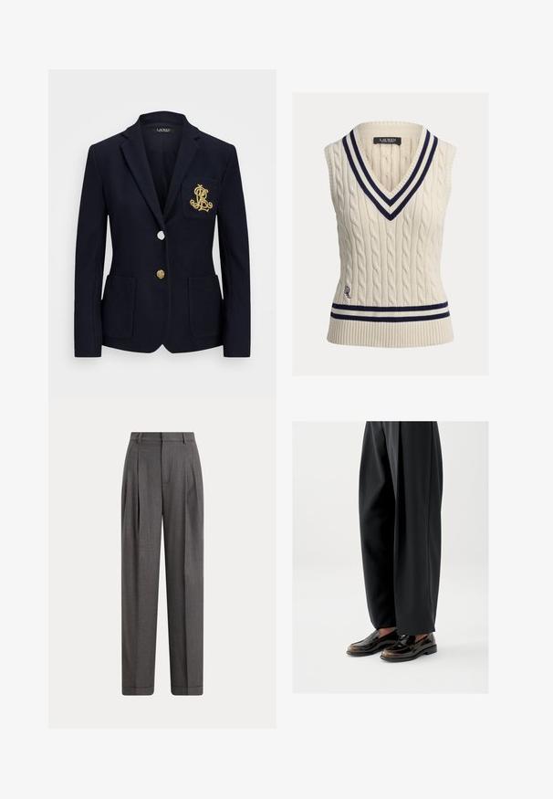 Tumesinern blazer tekstuuriga kangast, kuldsete detailidega, ühe nööbi sulgemise ja rinnaesise taskuga, millel on tikandiga logo.; Kreemikaabliga kudumata varrukateta kampsun sügava V-kaelusega. Kaeluse ja alumise ääre juures on tumesinise ja valge triibuline ääris ning logoga detail.; Tumehallid kõrgvöölised kohandatud püksid esikäevärkidega, vööaasade, küljetaskute ja laiade sirgete säärtega.; Mustad läikiva nahaga loaferid, millel on peal dekoratiivne rihm, sobitatud lahtiste mustade pükstega.