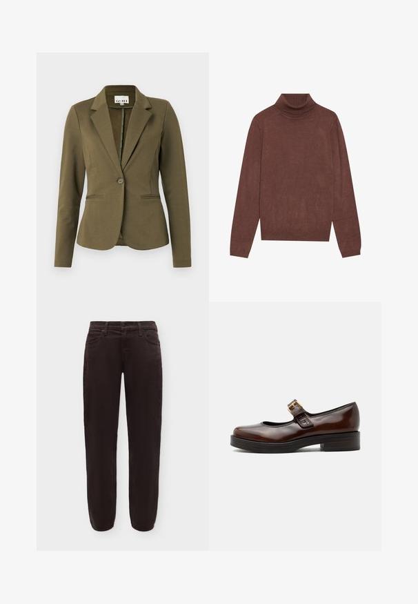 Olijfgroene blazer met een notch-kraag, enkele knoopsluiting, twee voorzakken en een gestructureerde stof. Minimalistisch ontwerp.; Bruine coltrui met lange mouwen. Gemaakt van een zachte, gestructureerde stof. Kenmerkt zich door een aansluitende halslijn en een relaxte pasvorm.; Donkerbruine rechte broek met knoop en rits aan de voorkant, riemlussen en zijzakken, weergegeven op een witte achtergrond.; Donkerbruine Mary Jane-schoen met glanzende afwerking, afgeronde neus, lage blokhak en gouden gesp over de wreef.