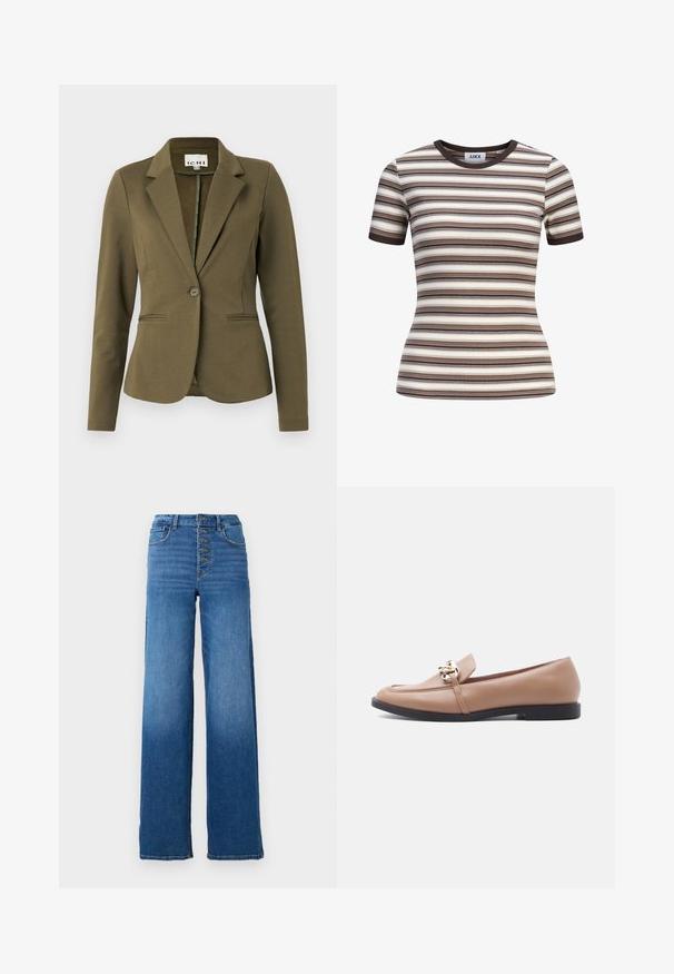Olivgrüner Blazer mit Reverskragen, einreihiger Knopfschluss, zwei Gesäßtaschen und strukturierter Stoff. Minimalistisches Design.; Eng anliegendes, kurzärmeliges Rippenoberteil mit horizontalen Streifen in Braun, Beige, Creme und Schwarz sowie dunkelbraunem Rundhalsausschnitt und Ärmelbündchen.; Weite blaue Denim-Jeans mit hoher Taille und Fünf-Button-Verschluss. Mit klassischer Nähte und einem sauberen Saum.; Beiger flacher Lederloafer mit schwarzer Sohle und Details aus goldener Kette oben, Seitenansicht vor weißem Hintergrund.