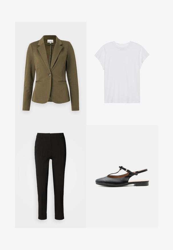 Blazer vert olive avec un col cranté, fermeture à un bouton, deux poches avant et tissu texturé. Design minimaliste.; T-shirt blanc à manches courtes, col rond, coupe décontractée, en tissu de coton doux. Texture lisse, sans motifs ni logos.; Pantalons noirs ajustés avec une coupe slim, devant plat et sans poches visibles, offrant une texture lisse et une finition soignée au bas.; Chaussure plate slingback en cuir noir avec bride en T et boucle dorée sur fond neutre.