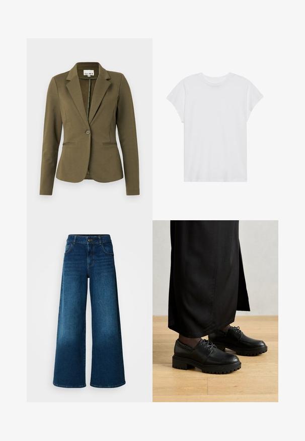 Blazer verde oliva con cuello de muesca, cierre de un solo botón, dos bolsillos frontales y tela texturada. Diseño minimalista.; Camiseta blanca de manga corta con cuello redondo, corte relajado, hecha de suave tela de algodón. Textura lisa, sin estampados ni logotipos.; Jeans de pierna ancha hechos de denim azul oscuro. Presentan una cintura alta, cierre de botón y un diseño clásico de cinco bolsillos con un ligero desgaste.; Zapatos de cuero negro con punta redondeada, suela de goma gruesa y cordones. El diseño presenta un bordado decorativo a lo largo de la parte superior.