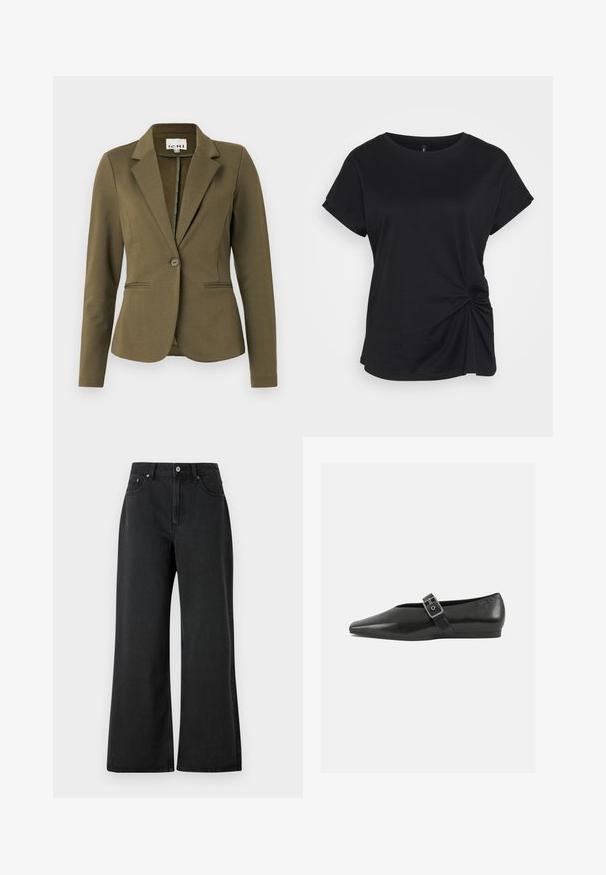 Blazer vert olive avec un col cranté, fermeture à un bouton, deux poches avant et tissu texturé. Design minimaliste.; T-shirt noir en coton, avec un col rond, des manches courtes et un détail tordu sur le côté gauche. Texture lisse.; Jeans noirs à jambes larges en denim, avec taille haute, fermeture à bouton à l'avant et texture subtile. Design épuré sans motifs visibles.; Chaussure plate en cuir noir avec un orteil pointu, présentant une sangle à boucle métallique sur le cou-de-pied et une semelle basse et flexible.