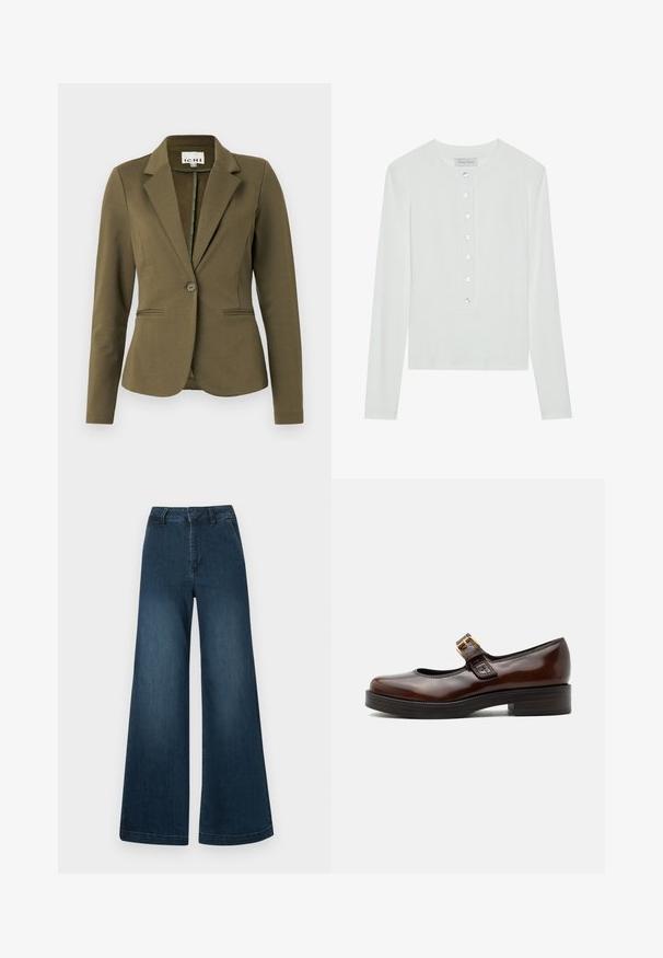 Blazer verde oliva con cuello de muesca, cierre de un solo botón, dos bolsillos frontales y tela texturada. Diseño minimalista.; Top blanco de manga larga hecho de tela acanalada, con un cuello redondo y un cierre frontal abotonado con seis botones transparentes.; Jeans de mezclilla de talle alto y pierna ancha en azul oscuro, con bolsillos frontales y trabillas para cinturón, sobre un fondo blanco.; Zapato Mary Jane marrón oscuro con acabado brillante, puntera redondeada, tacón bajo tipo bloque y hebilla dorada sobre el empeine.