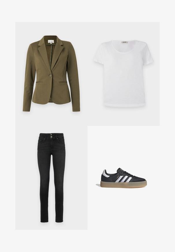 Blazer verde oliva con cuello de muesca, cierre de un solo botón, dos bolsillos frontales y tela texturada. Diseño minimalista.; Camiseta blanca de manga corta, hecha de una tela suave, con cuello redondo y dobladillo recto, sin patrones visibles ni acentos.; Jeans ajustados negros de denim con cintura alta, que presentan dos bolsillos frontales y un diseño de cierre de dos botones. Textura suave.; Zapatilla deportiva de cuero negro con tres rayas plateadas, punta texturizada y suela de goma. Cuenta con un collar acolchado y un diseño con cordones.