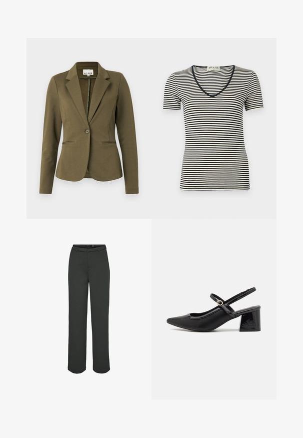 Olivgrüner Blazer mit Reverskragen, einreihiger Knopfschluss, zwei Gesäßtaschen und strukturierter Stoff. Minimalistisches Design.; Schwarz-cream gestreiftes kurzärmliges T-Shirt mit V-Ausschnitt, aus weichem Material gefertigt. Mit dünnen horizontalen Streifen und taillierter Form.; Dunkelgrüne, weit geschnittene Hosen aus glattem Stoff. Mit einem Bund mit Gürtelschlaufen, Fronttaschen und geradem Schnitt.; Schwarze Lackleder-Slingback-Absätze mit spitzer Zehenform, einem runden Ausschnitt-Design und einem Blockabsatz. Mit einem goldfarbenen Schnallenakzent.