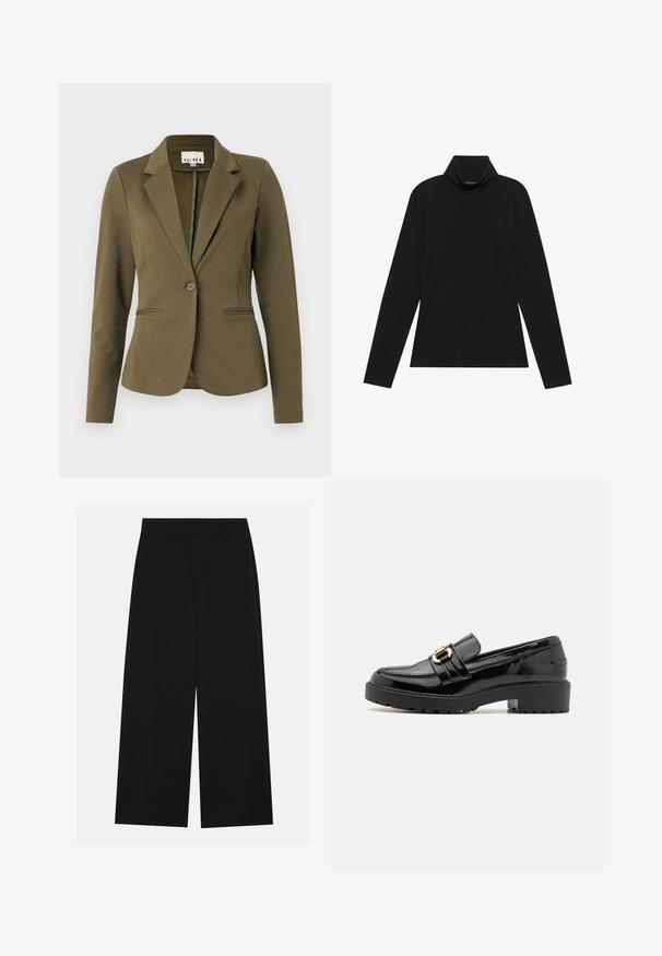 Blazer vert olive avec un col cranté, fermeture à un bouton, deux poches avant et tissu texturé. Design minimaliste.; Turtleneck à manches longues noir. Tissu doux, design près du corps, col montant et coutures latérales. Style simple et polyvalent, idéal pour le superposition.; Pantalons noirs à jambe large en tissu lisse. Dotés d'une taille plate avec passants de ceinture et sans poches visibles. Design simple.; Mocassins en cuir verni noir avec un petit talon bloc, dotés d'une boucle en métal doré proéminente et d'une semelle texturée crantée.