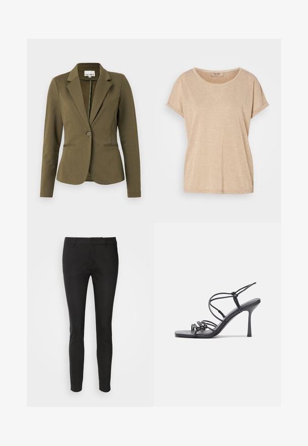 Olijfgroene blazer met een notch-kraag, enkele knoopsluiting, twee voorzakken en een gestructureerde stof. Minimalistisch ontwerp.; Beige, kortärmige t-shirt met een ronde hals. Zachte textuur met subtiele glans. Label zichtbaar bij de halslijn, minimalistisch ontwerp zonder versieringen.; Zwarte slim-fit broek van een gladde stof, met zijzakken en een platte voorkant, die een slanke en op maat gemaakte uitstraling biedt.; Zwarte hoge hakken sandaaltjes hebben dunne banden met een geknoopt ontwerp, een gladde vierkante neus en een elegante stiletto-hak.