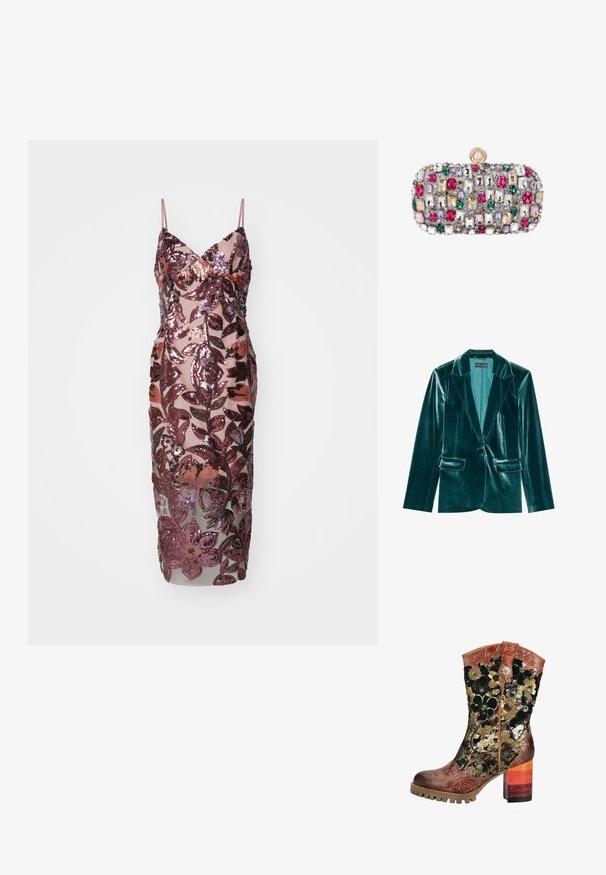 Skræddersyet blazer i teal velour med stiklaner, enkelt knaplukning og to forlommer. Glat tekstur og tætsiddende pasform.; Glitrende ærmeløs kjole i gennemsigtig stof med pink palietblomsterdesign. Har V-udskæring og tætsiddende silhuet, der når til midten af læggen.; Læder- og stofstøvle til midtkalven med blomstermønster af pailletter, brun prikket snude og chunky flerfarvet blokhæl med mønstret sål.; Rektangulær clutch dækket af flerfarvede rektangulære og runde ædelstene med en rund perle-lås på toppen.
