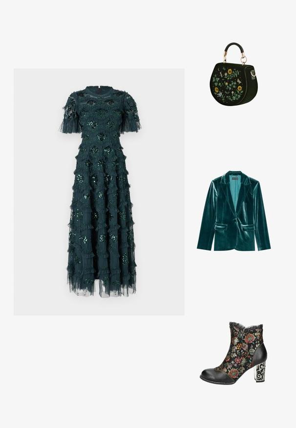 Blazer de terciopelo verde azulado con solapa muesca, cierre de un solo botón y dos bolsillos frontales. Textura suave y corte ajustado en toda su extensión.; Vestido verde oscuro con mangas cortas, con volantes en capas y adornos florales de lentejuelas. De longitud media, con una tela suave y un capa transparente.; Botas negras hasta el tobillo con bordado floral colorido, borde de encaje y un tacón alto plateado con patrón. Presentan una puntera redondeada y costuras en contraste.; Bolso de mano verde oscuro con forma redonda, asa superior y bordados de girasoles, hojas, libélula, mariposa y pájaro.