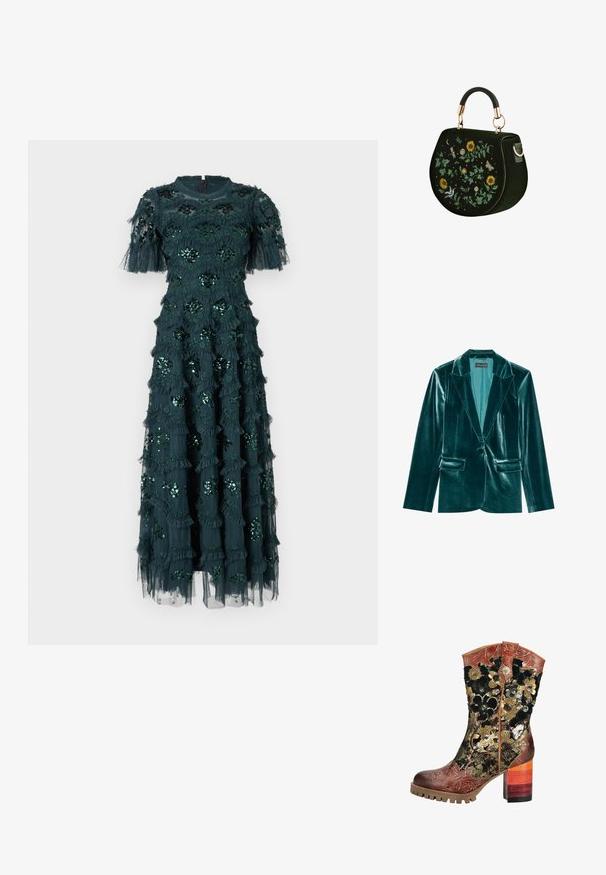 Teal fluwelen blazer met een revers, enkele knoopsluiting en twee voorkanten zakken. Gladde textuur en een pasvorm op maat.; Donkergroene jurk met korte mouwen, voorzien van gelaagde ruffles en pailletten bloemdecoraties. Halflang, zachte stof met een doorschijnende overlay.; Leren en stoffen midkuitlaars met bloemig paillettendessin, bruine geprofileerde neus en een robuuste meerkleurige blokhak met profielzool.; Donkergroene handtas met ronde vorm, bovenste handvat en geborduurde ontwerpen van zonnebloemen, bladeren, libel, vlinder en vogel.