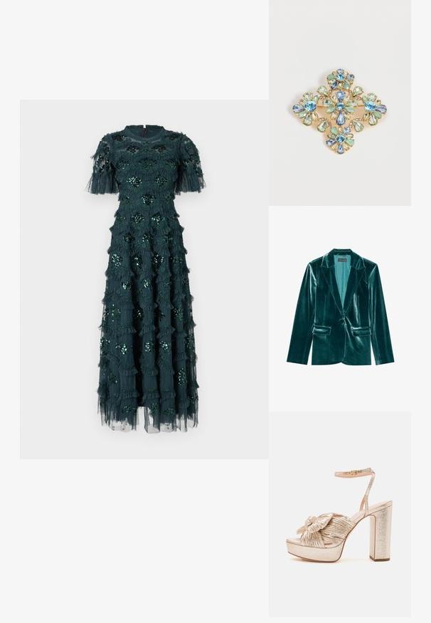 Teal fluwelen blazer met een revers, enkele knoopsluiting en twee voorkanten zakken. Gladde textuur en een pasvorm op maat.; Donkergroene jurk met korte mouwen, voorzien van gelaagde ruffles en pailletten bloemdecoraties. Halflang, zachte stof met een doorschijnende overlay.; Gouden sandalen met hakken en een platformontwerp, met een geknoopte textuur op de teenband en een smalle enkelband met een gesp.; Sierlijke gouden broche met vier bloemvormen gemaakt van blauwe, groene en heldere geslepen edelstenen, gerangschikt in een symmetrisch patroon.