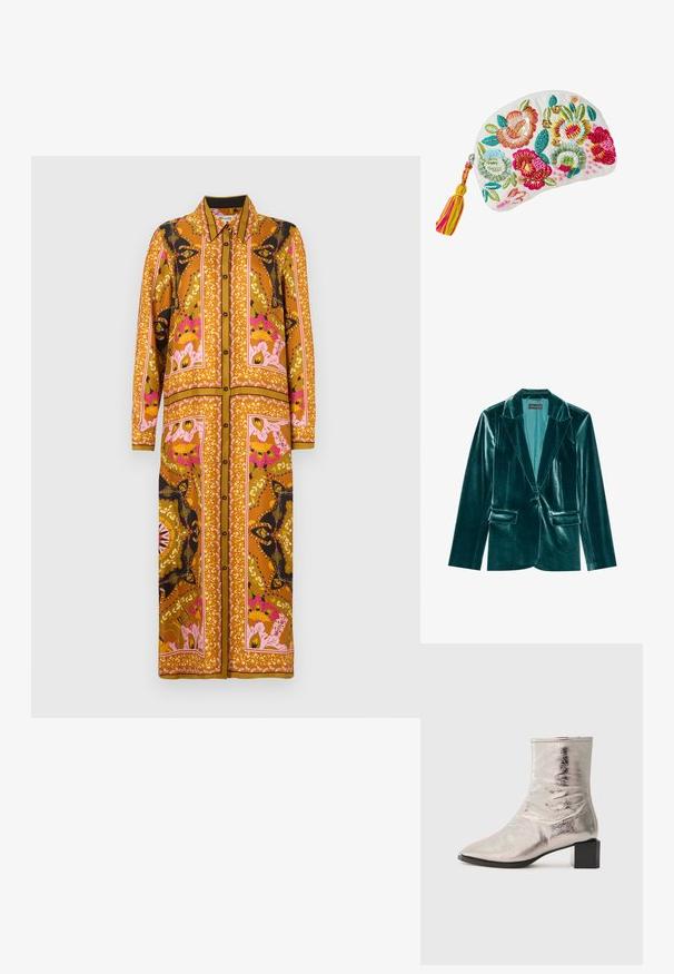 Teal fluwelen blazer met een revers, enkele knoopsluiting en twee voorkanten zakken. Gladde textuur en een pasvorm op maat.; Lange blousejurk met een oranje-roze bloemenpatroon, voorzien van een kraag, lange mouwen en contrasterende zwarte accenten.; Metalen zilveren enkelboot met een puntige neus en blokhak. Gladde textuur, slank ontwerp en minimalistische stikdetails.; Witte stoffen pouch met kleurrijke geborduurde bloemenpatronen, pailletten en een geel-roze tassel ritssluiting aan de zijkant.