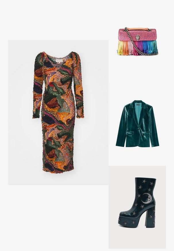 Blazer de terciopelo verde azulado con solapa muesca, cierre de un solo botón y dos bolsillos frontales. Textura suave y corte ajustado en toda su extensión.; Vestido largo y colorido de manga larga con un patrón floral texturizado, que presenta tonos de verde, naranja, burdeos y marrón. Silueta ajustada.; Bota de tobillo negra con plataforma y tacón bloque, decorada con estrellas bordadas en plata y una luna creciente en el lateral.; Bolso rosa con pedrería multicolor, flecos arcoíris, correa de cadena plateada y un cierre decorativo plateado con forma de mano.