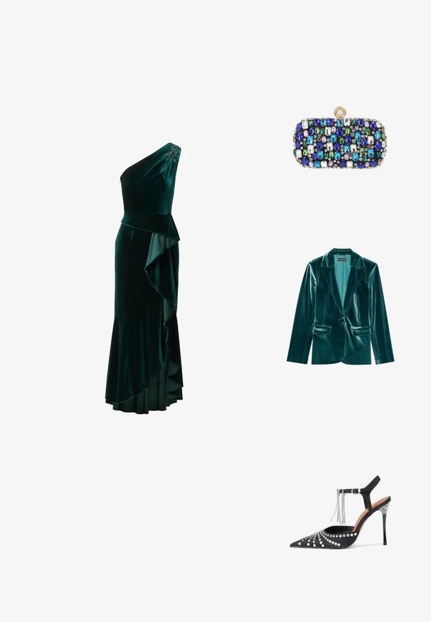 Teal fluwelen blazer met een revers, enkele knoopsluiting en twee voorkanten zakken. Gladde textuur en een pasvorm op maat.; Donkergroene fluwelen avondjurk met één schouder, een asymmetrische ruche die langs de zijkant loopt en met kralen versiering op de schouder.; Zwarte satijnen hoge hak met spitse neus, versierd met zilveren studs en een franjesierlijke ketting bij de enkel.; Kleine rechthoekige clutchtas versierd met meerkleurige blauwe, groene, witte en paarse edelstenen en een ronde parelgesp.