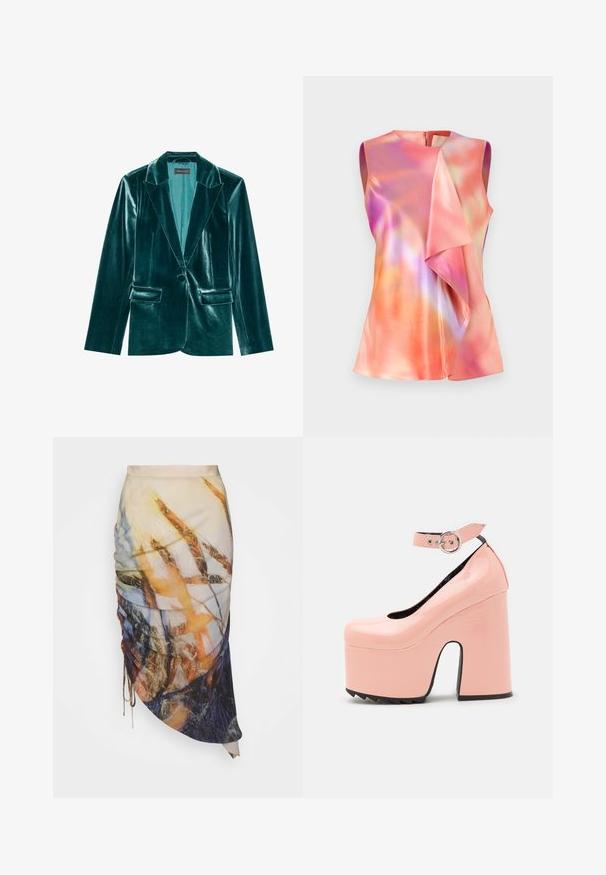 Skræddersyet blazer i teal velour med stiklaner, enkelt knaplukning og to forlommer. Glat tekstur og tætsiddende pasform.; Ærmeløs top i satinmateriale, der præsenterer et farverigt abstrakt mønster med nuancer af pink, orange og violet, samt en draperet frontdesign.; Materiel DIAGONAL GATHERED SKIRT - Pencil skirt - golden hour; LAMODA POWER TRIP CHUNKY PLATFORM - Pumps - pink