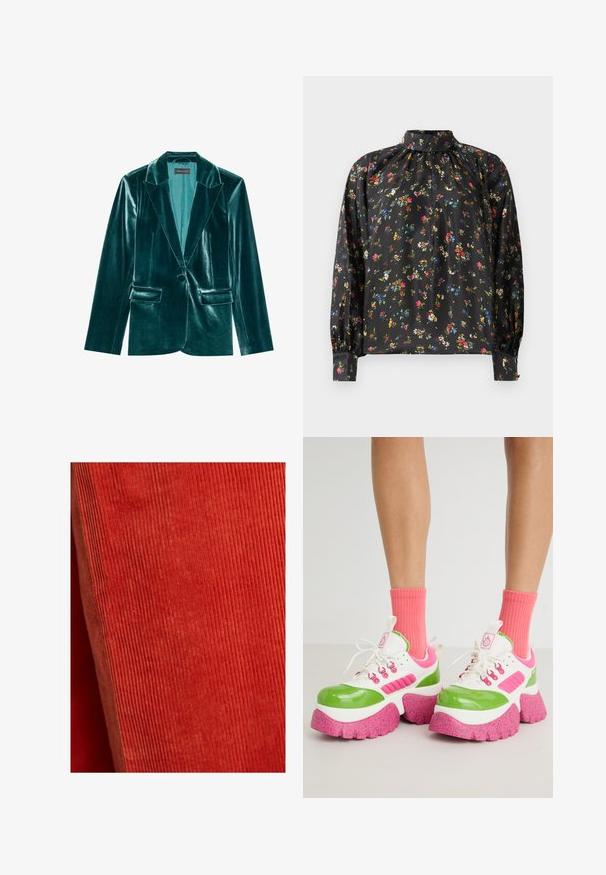 Skræddersyet blazer i teal velour med stiklaner, enkelt knaplukning og to forlommer. Glat tekstur og tætsiddende pasform.; Sort bluse med lange ærmer, høj krave og draperet halsudskæring. Har et levende blomsterprint i flere farver på et glat stoff.; Rødt kordfløjlstof med lodrette ribber, der har en blød tekstur. Den jævne farve og markante linjer skaber et ensartet udseende.; Chunky sneakers med en blank grøn og hvid overdel, pink detaljer og en struktureret pinkprikket sål. Båret med lyserøde strømper.