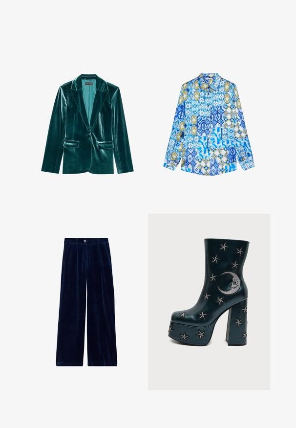 Teal fluwelen blazer met een revers, enkele knoopsluiting en twee voorkanten zakken. Gladde textuur en een pasvorm op maat.; Overhemd met lange mouwen en knopen met blauwe, witte en gouden geometrische en bloemige patchworkpatronen.; Navyblauwe corduroy broek met wijde pijpen, voorzien van een knoopsluiting en twee zakken aan de voorkant. Verticale ribbelstructuur over de gehele lengte.; Zwarte plateau enkellaars met blokhak, versierd met zilveren geborduurde sterren en een halve maan aan de zijkant.