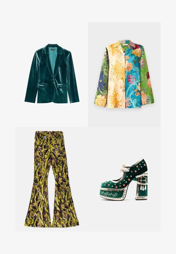 Blazer de terciopelo verde azulado con solapa muesca, cierre de un solo botón y dos bolsillos frontales. Textura suave y corte ajustado en toda su extensión.; Chaqueta de camisa floral multicolor con mangas largas, que presenta una mezcla de tonos amarillos, verdes, azules y morados. La tela tiene una textura suave y un brillo.; AKNVAS EXCLUSIVE LENNON BEADED PANT - Pantalones - ink citrine; Zapato de plataforma de terciopelo verde con tachuelas decorativas rojas y plateadas, tiras de perlas, ribete dorado, bordado y un tacón de bloque con perlas colgantes y un colgante "B".