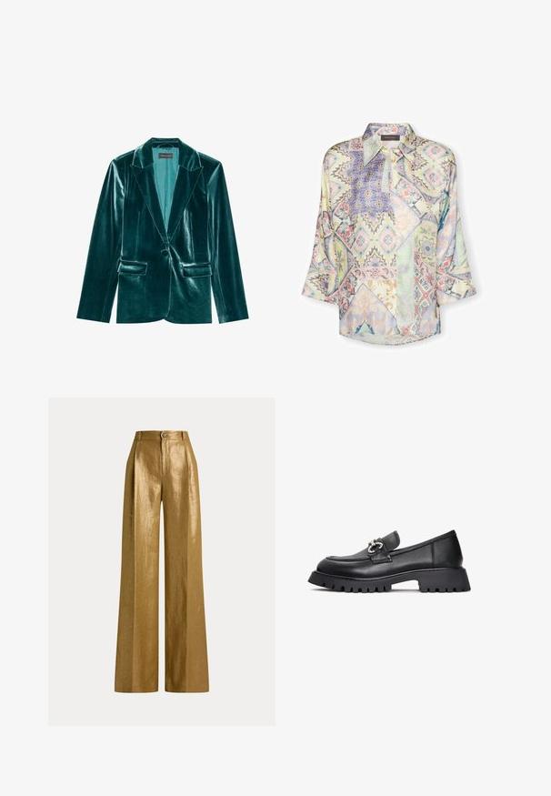 Blazer de terciopelo verde azulado con solapa muesca, cierre de un solo botón y dos bolsillos frontales. Textura suave y corte ajustado en toda su extensión.; Blusa estampada con una mezcla de patrones geométricos en tonos pastel, cuello con solapa y mangas holgadas. Confeccionada en tela ligera.; Pantalones de cintura alta y pierna ancha en tela dorada metálica con cierre de botón y cremallera, y trabillas para cinturón en la cintura.; Mocasín de cuero negro con parte superior acolchada, herrajes decorativos y suela gruesa y texturizada para agarre y estabilidad. Diseño clásico y minimalista.