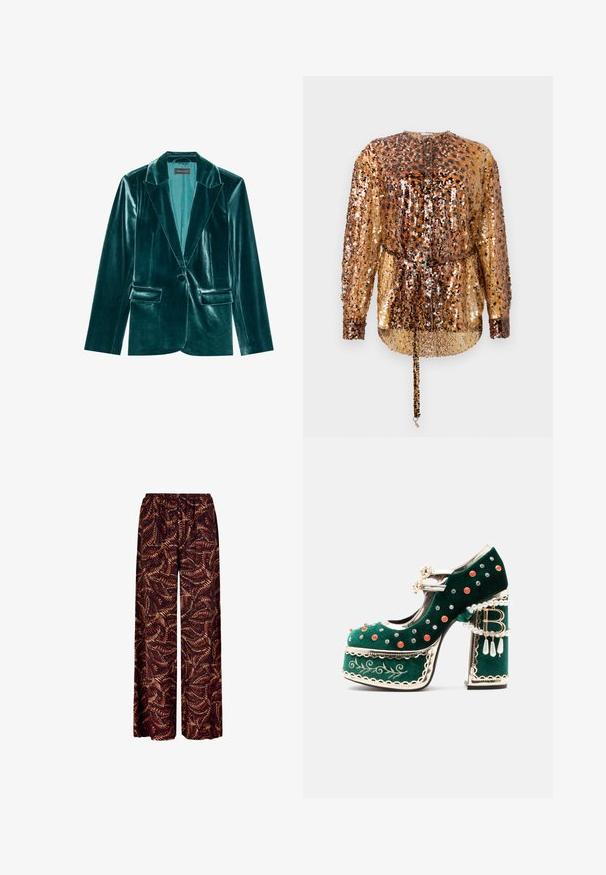 Blazer en velours bleu canard avec un revers cranté, fermeture à un bouton et deux poches avant. Texture lisse et coupe ajustée.; Rabanne Blouse - hairy/brown/black; Pantalon à jambes larges avec taille élastique, arborant un motif abstrait de plumes dans des tons rouge foncé et marron.; Chaussure à plateforme en velours vert avec des clous décoratifs rouges et argentés, des brides en perles, une bordure dorée, une broderie et un talon bloc avec des perles pendantes et un charme "B".