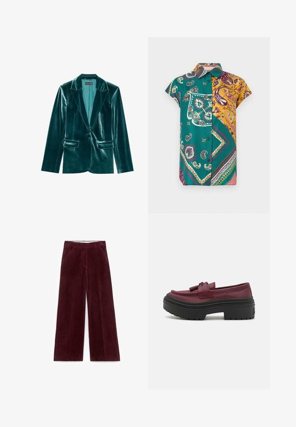 Skræddersyet blazer i teal velour med stiklaner, enkelt knaplukning og to forlommer. Glat tekstur og tætsiddende pasform.; Kortærmet skjorte med knapper foran i grønne og gule paisley- og geometriske lapper på en hvid baggrund.; Bredde ben burgunder corduroy bukser med frontlommer og bæltestropper, lagt fladt på en hvid baggrund.; Bordeaux syntetiske loafers med en flad sort gummisål, der har en forhøjet søm, dekorative kvaster og et elegant design.
