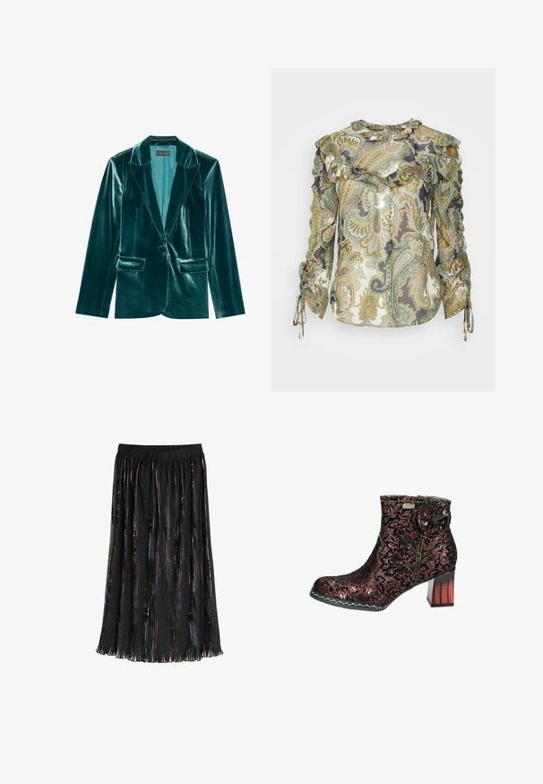 Skræddersyet blazer i teal velour med stiklaner, enkelt knaplukning og to forlommer. Glat tekstur og tætsiddende pasform.; Veronica Beard HOWELL BLOUSE - Bluse - green; Sort plisseret midi nederdel med halv-gennemsigtige lodrette striber og elastik i taljen.; Sorte ankelstøvler i lace med rødt blomstermotiv. Rund tå og kraftig hæl. Dekorativt stofblomstdetalje og kontrastsyet.