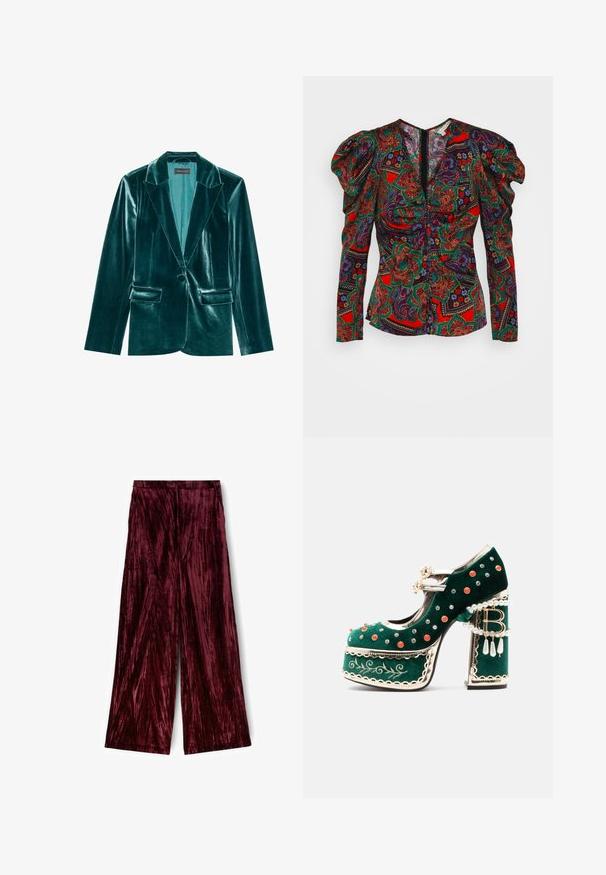 Skræddersyet blazer i teal velour med stiklaner, enkelt knaplukning og to forlommer. Glat tekstur og tætsiddende pasform.; Veronica Beard SIMMONS - Bluse - flame red multi; Burgunderrøde vide bukser lavet af blød, struktureret velour. Har en glat overflade med et subtilt, bølget mønster og en tætsiddende talje.; Grøn fløjlsplatformsko med dekorative røde og sølvnitter, perleseler, guldkant, broderi og en blokhæl med dinglende perler og en "B"-vedhæng.
