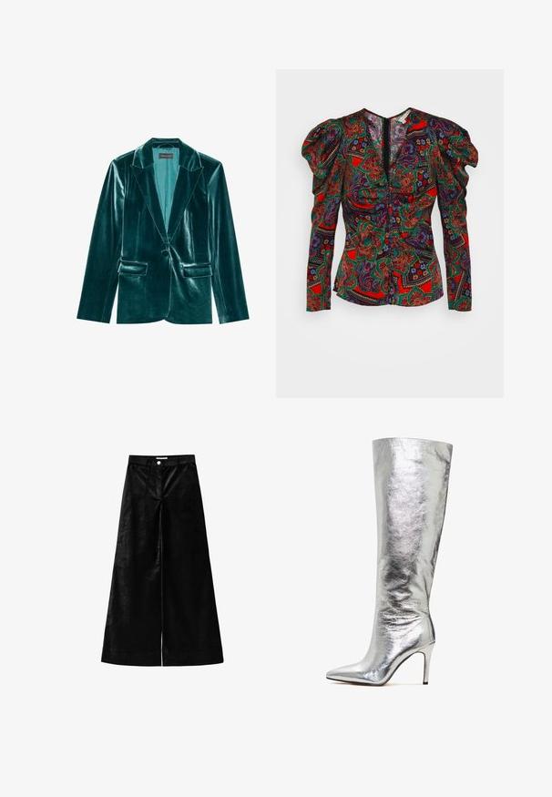 Blazer de terciopelo verde azulado con solapa muesca, cierre de un solo botón y dos bolsillos frontales. Textura suave y corte ajustado en toda su extensión.; Veronica Beard SIMMONS - Blusa - flame red multi; Pantalones de pierna ancha negros con una textura suave, que cuentan con un cierre frontal de botón y un detalle de abertura vertical para facilitar el movimiento.; Botas plateadas metálicas hasta la rodilla con punta puntiaguda y tacón de aguja, que presentan una textura lisa y brillante y un diseño elegante y ajustado.