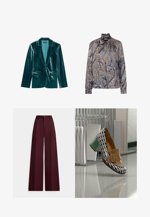 Blazer en velours bleu canard avec un revers cranté, fermeture à un bouton et deux poches avant. Texture lisse et coupe ajustée.; Blouse à manches longues avec col à volants et nœud papillon, avec un motif paisley détaillé en tons bleu, marron et beige.; Pantalon à jambes larges en tissu bordeaux profond, doté d'une fermeture à boutons sur le devant, de passants pour ceinture et d'une coupe ajustée avec une texture lisse.; Chaussure à talon femme avec motif géométrique noir et blanc, boucle marron texturée et talon bloc vert sur sol réfléchi près d'une étagère en métal.