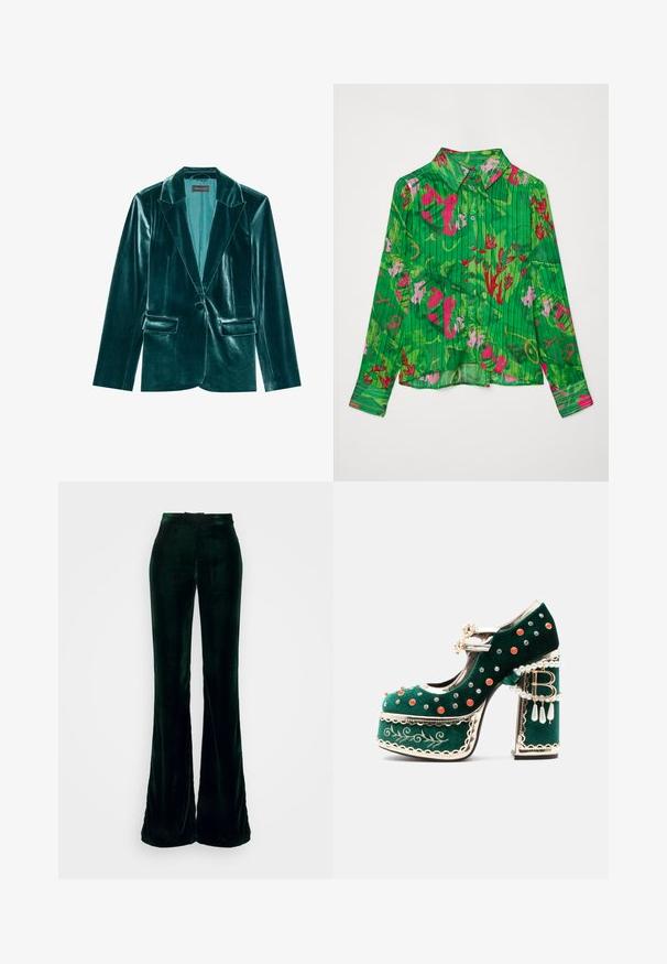 Blazer de terciopelo verde azulado con solapa muesca, cierre de un solo botón y dos bolsillos frontales. Textura suave y corte ajustado en toda su extensión.; Camisa verde de botones con patrones florales en rosa y rojo. Presenta un cuello con solapa y mangas largas con un dobladillo recto. Tejido texturizado.; Heathe ARIYO SUIT TROUSERS - Pantalones - green; Zapato de plataforma de terciopelo verde con tachuelas decorativas rojas y plateadas, tiras de perlas, ribete dorado, bordado y un tacón de bloque con perlas colgantes y un colgante "B".