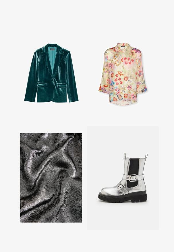 Skræddersyet blazer i teal velour med stiklaner, enkelt knaplukning og to forlommer. Glat tekstur og tætsiddende pasform.; Langærmet skjorte med knapper og flerfarvede blomster- og paisleymønstre i rød, rosa, blå, gul og grøn på en lys baggrund.; Sort og sølv struktureret stof med en glitrende finish, der har glatte, flydende bølger og en subtil glans.; Sølvmetallic ankelstøvle med en sort elastisk sidepanel, kraftig sort sål og en rem med en spænde detalje. Glat tekstur finish.