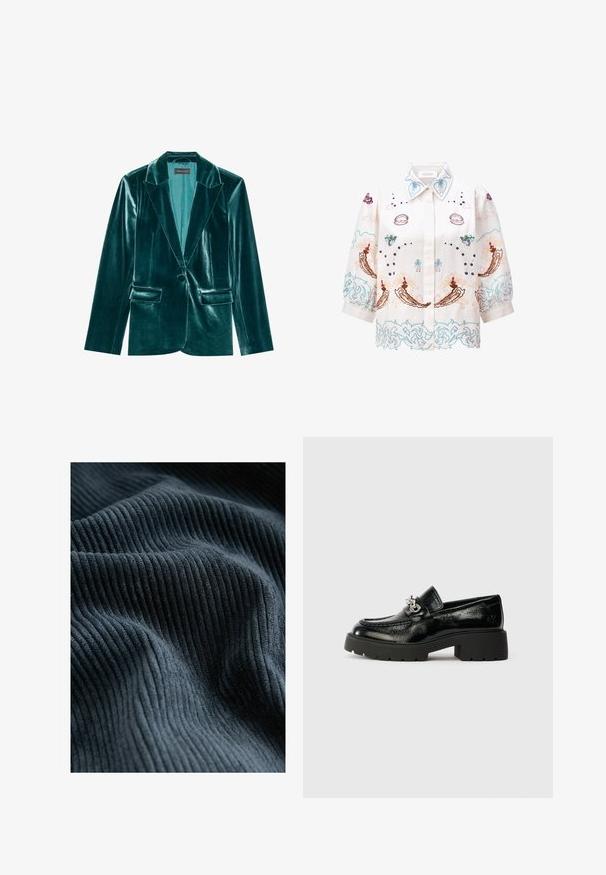 Skræddersyet blazer i teal velour med stiklaner, enkelt knaplukning og to forlommer. Glat tekstur og tætsiddende pasform.; Hvid bluse med lange ærmer med broderede muslingeskaller, koraller, tang og bølger i blå, brun, lilla og grøn, med spids krave.; Mørkeblå ribbede stoffer viser lodrette linjer og en blød tekstur, dækket med bløde bølger over overfladen.; Sorte læder loafers med en glansfuld finish, der har et sølvfarvet metal-accent og en kraftig gummisål, designet til et moderne look.