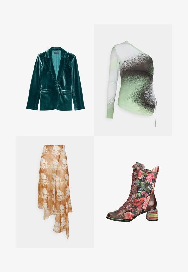Skræddersyet blazer i teal velour med stiklaner, enkelt knaplukning og to forlommer. Glat tekstur og tætsiddende pasform.; Elleme ONE SHOULDER - Langærmet T-shirt - light green/white; Ioannes SHAWL SKIRT - A-snit nederdel - sprayed lace ochre; Højhælet ankelstøvle med røde snørebånd, blomstrede stofpaneler, vinrøde lædersektioner og en flerfarvet striped blokhæl.